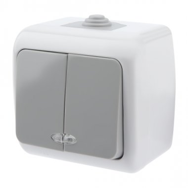 Фотография товара 'Эра Выключатель Intro Atlantic 5-105-03 двойной с подсветкой, 10А-250В, IP54, открытой установки, серый Б0050944'