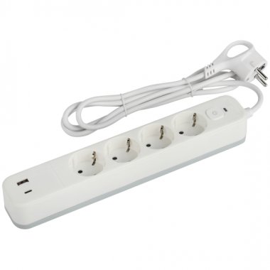 Фотография товара 'Эра Сетевой фильтр USF-4es-3m-2xUSBAC-W с базовой защитой с заземлением с выключателем 4 розетки+2xUSBA+C 3,1A 3м 10А Б0059573'