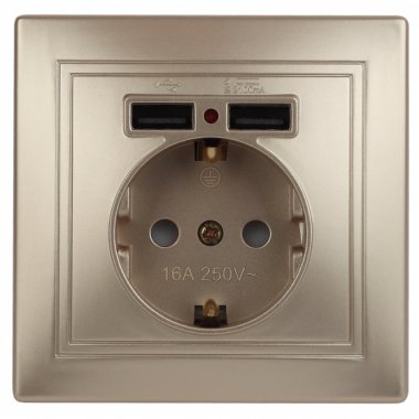 Фотография товара 'Эра Розетка Intro Plano 1-410-04 с заземлением 2P+E Schuko со шторками, 16А-250В + 2хUSB 5В-2,1А, IP20, СУ, шампань Б0053945'