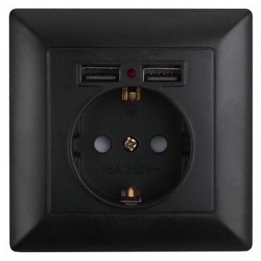 Фотография товара 'Эра Розетка P+E Schuko со шторками, 16А-250В + 2хUSB, СУ, Solo, антрацит Б0043407'