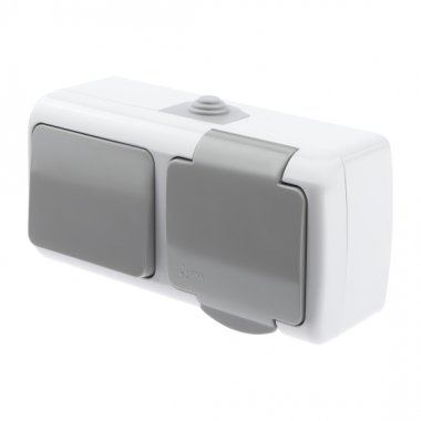 Фотография товара 'Эра Блок розетка с выключателем Intro Atlantic 5-701-03 одноклавишным 2P+E, 10(16)А-250В, открытой установки, IP54, серый Б0050947'