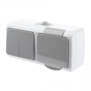 Фотография товара 'Эра Блок розетка с выключателем Intro Atlantic 5-702-03 двойным 2P+E, 10(16)А-250В, открытой установки, IP54, серый Б0050948'