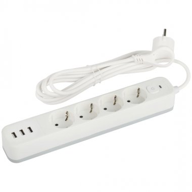 Фотография товара 'Эра Сетевой фильтр USF-4es-1,5m-3xUSBA-W с базовой защитой с заземлением с выключателем 4 розетки+3xUSBA 3,1A 1,5м 10А Б0059567'