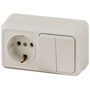 Фотография товара 'Эра Блок розетка+выкл. двойной гориз. 10(16)А-250В, IP20, ОУ, Quadro, сл.кость Б0036154'