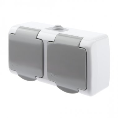 Фотография товара 'Эра Розетка Intro Atlantic 5-203-03 двойная с заземлением 2х2P+E Schuko, 16А-250В, IP54, открытой установки, серый Б0051060'