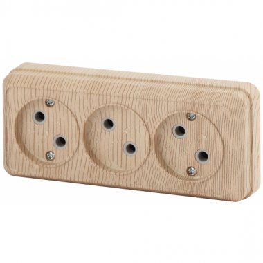 Фотография товара 'Эра Розетка Intro Quadro 2-205-11 без заземления трехместная 3х2P, 16А-250В, IP20, ОУ, сосна Б0053817'