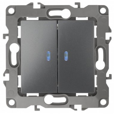 Фотография товара 'Эра Выключатель двойной с подсветкой, 10АХ-250В, Эра12, графит Б0019291'