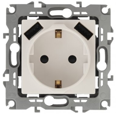 Фотография товара 'Эра Розетка 2P+E 16A-250В, штор. с 2xUSB 5В-3А, Эра12, слоновая кость Б0047841'