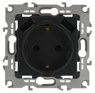 Фотография товара 'Эра Розетка 2P+E 16A-250В, штор. с 2xUSB 5В-3А, Эра12, антрацит Б0047844'