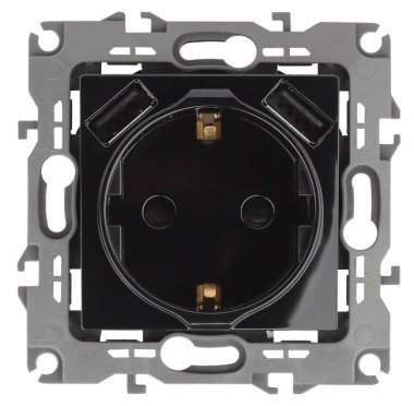 Фотография товара 'Эра Розетка 2P+E 16A-250В, штор. с 2xUSB 5В-3А, Эра12, чёрный Б0047845'