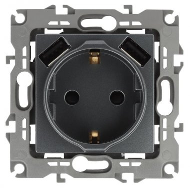 Фотография товара 'Эра Розетка 2P+E 16A-250В, штор. с 2xUSB 5В-3А, Эра12, графит Б0047846'