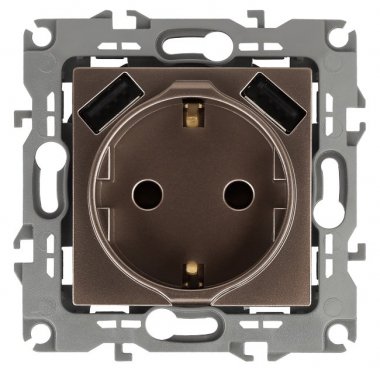 Фотография товара 'Эра Розетка 2P+E 16A-250В, штор. с 2xUSB 5В-3А, Эра12, бронза Б0047847'