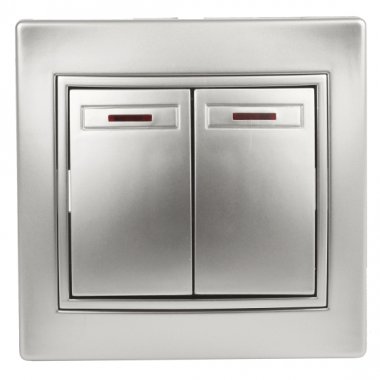 Фотография товара 'Эра Выключатель двойной с подсветкой, 10А-250В, IP20, СУ, Plano, алюминий (10/200/2400) Б0030046'