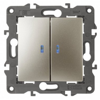 Фотография товара 'Эра Выключатель двойной с подсветкой, 10АХ-250В, Эра Elegance, шампань Б0034240'