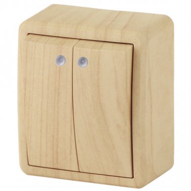 Фотография товара 'Эра Выключатель двойной с подсветкой, 10АХ-250В, ОУ, Эра Эксперт, сосна Б0020668'