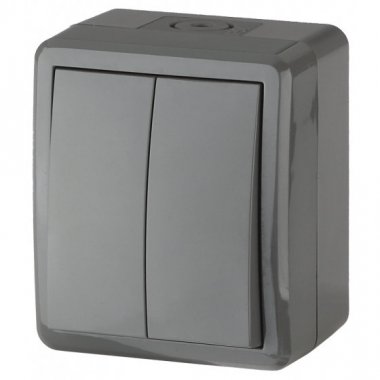 Фотография товара 'Эра Выключатель двойной IP54, 10АХ-250В, ОУ, Эра Эксперт, серый Б0020676'