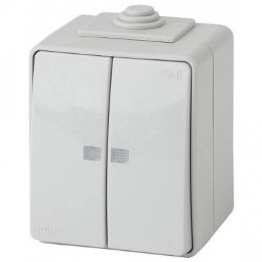 Фотография товара 'Эра Выключатель двойной с подсветкой IP65, 10АХ-250В, ОУ, Эра Эксперт, серый Б0035977'