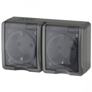 Фотография товара 'Эра Розетка 2х2P+E IP54, 16АХ-250В, ОУ, Эра Эксперт, серый Б0020717'