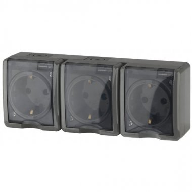 Фотография товара 'Эра Розетка 3х2P+E IP54, 16АХ-250В, ОУ, Эра Эксперт, серый Б0020721'