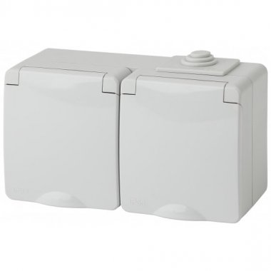 Фотография товара 'Эра Розетка 2х2P+E гориз. IP65, 16АХ-250В, ОУ, Эра Эксперт, серый Б0035991'