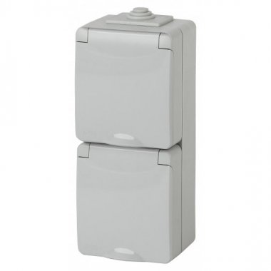 Фотография товара 'Эра Розетка 2х2P+E верт. IP65, 16АХ-250В, ОУ, Эра Эксперт, серый Б0036002'