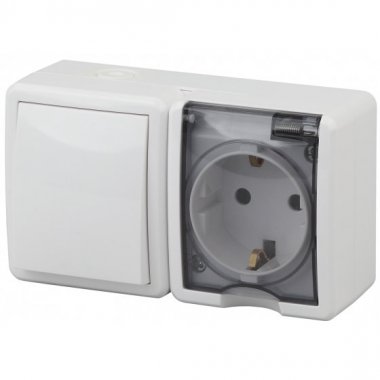 Фотография товара 'Эра Блок розетка+выключатель IP54, 16АХ(10AX)-250В, ОУ, Эра Эксперт, белый Б0020733'