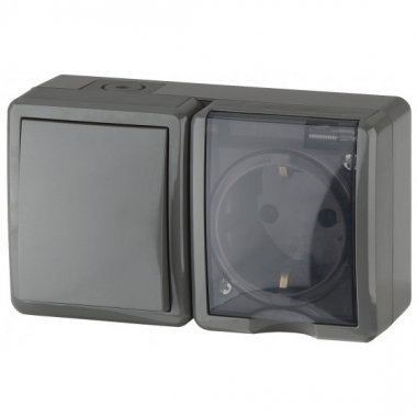 Фотография товара 'Эра Блок розетка+выключатель IP54, 16АХ(10AX)-250В, ОУ, Эра Эксперт, серый Б0020734'