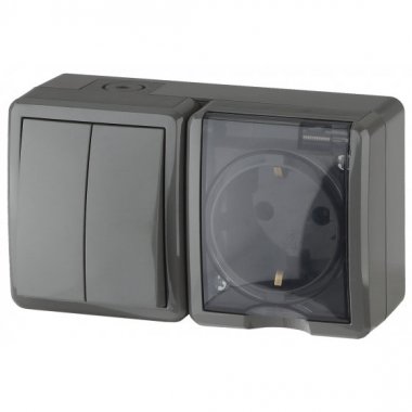 Фотография товара 'Эра Блок розетка+выключатель двойной IP54, 16АХ(10AX)-250В, ОУ, Эра Эксперт, серый Б0020736'