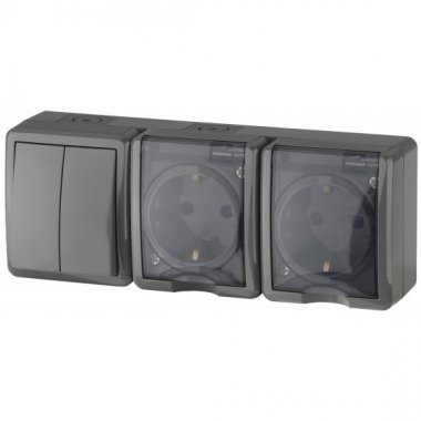 Фотография товара 'Эра Блок две розетки+выключатель двойной IP54, 16АХ(10AX)-250В, ОУ, Эра Эксперт, серый Б0027676'