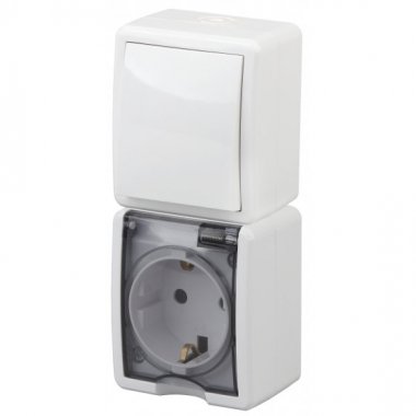 Фотография товара 'Эра Блок розетка+выключатель IP54, 16АХ(10AX)-250В, ОУ, Эра Эксперт, белый Б0036004'