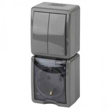 Фотография товара 'Эра Блок розетка+выключатель IP54, 16АХ(10AX)-250В, ОУ, Эра Эксперт, серый Б0036007'