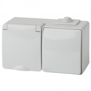 Фотография товара 'Эра Блок розетка+выкл. гориз. IP65, 16АХ(10AX)-250В, ОУ, Эра Эксперт, серый Б0035993'