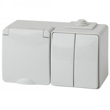 Фотография товара 'Эра Блок розетка+выкл. двойн. гориз. IP65, 16АХ(10AX)-250В, ОУ, Эра Эксперт, серый Б0035994'