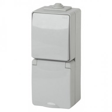 Фотография товара 'Эра Блок розетка+выкл. верт. IP65, 16АХ(10AX)-250В, ОУ, Эра Эксперт, серый Б0035998'