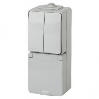 Фотография товара 'Эра Блок розетка+выкл. двойн. верт. IP65, 16АХ(10AX)-250В, ОУ, Эра Эксперт, серый Б0035999'