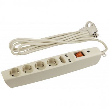 Фотография товара 'Эра Сет. фильтр SFU-5es-2m-I надеж. защита, с/з, с выкл, 5гн+2USB, 2м,, 10А, шторки C0043328'