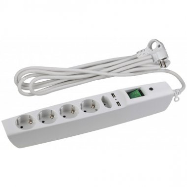 Фотография товара 'Эра Сет. фильтр SFU-5es-2m-W надеж. защита, с/з, с выкл, 5гн+2USB, 2м,, 10А, шторки C0043327'