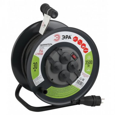 Фотография товара 'Эра Удлинитель силовой RMx-4es-3x2.5-30m-IP44(KG) на м. катушке c/з 4 гн 30м КГ 3х2.5 Б0043058'