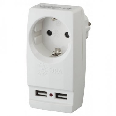 Фотография товара 'Эра SP-1e-USB-W Адаптер Polynom 1гн 220V + 2xUSB 2100mA, c заземл Б0026332'