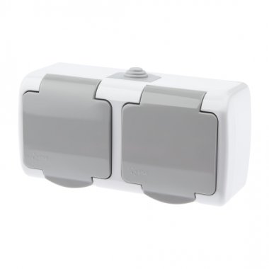 Фотография товара 'Эра Розетка Intro Atlantic 5-204-03 двойная с заземлением 2х2P+E Schuko шторки, 16А-250В, IP54, открытой установки, серый Б0051061'