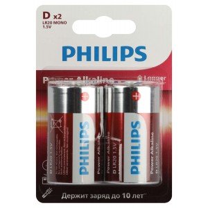 Фотография товара 'Эра Батарейки Philips LR20P2B/51 "D" алкалиновые 2 шт. LR20-2BL Power Б0062732'