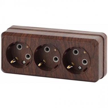 Фотография товара 'Эра Розетка Intro Quadro 2-206-10 с заземлением трехместная 3х2P+E, 16А-250В, IP20, ОУ, венге Б0053824'