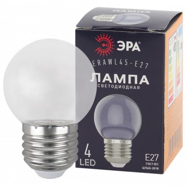 Фотография товара 'Эра ERAWL45-E27 ЭРА LED P45-1W-Е27 ЭРА (диод. шар, прозр., 4SMD, 1W, E27, для белт-лайт), Б0049572'