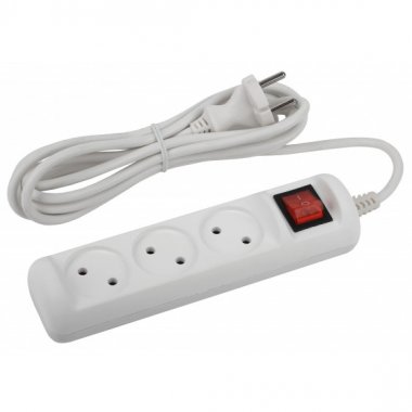 Фотография товара 'Эра Удлинитель электрический ЭРА U-3s-3m-2x1 без заземления c выключателем 3 розетки 3м ПВС 2x1мм2 10А, Б0044050'