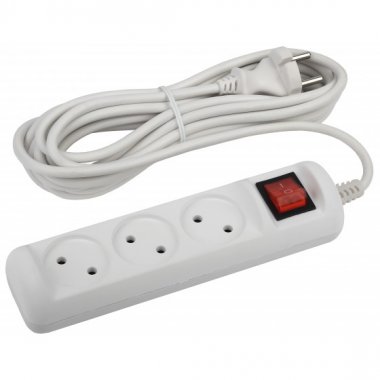 Фотография товара 'Эра Удлинитель электрический ЭРА U-3s-5m-2x1 без заземления c выключателем 3 розетки 5м ПВС 2x1мм2 10А, Б0044051'