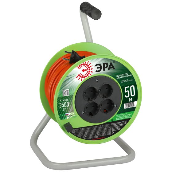 Фотография товара 'Эра Удлинитель силовой RP-4-2x1.5-50m на пластиковой катушке без заземления 4 розетки 50м ПВС 2х1,5мм2 Б0059784'
