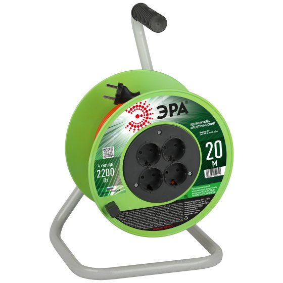 Фотография товара 'Эра Удлинитель силовой RP-4-2x1.0-20m на пластиковой катушке без заземления 4 розетки 20м ПВС 2х1мм2 Б0059781'