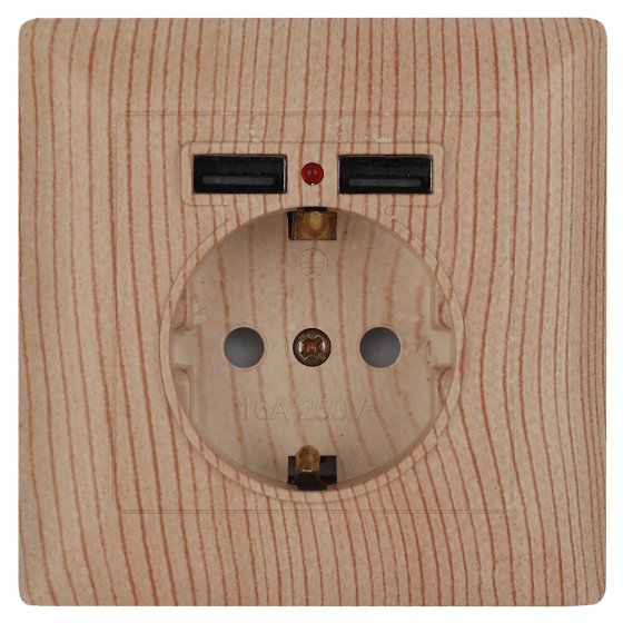 Фотография товара 'Эра Розетка P+E Schuko со шторками, 16А-250В + 2хUSB, СУ, Solo, сосна Б0043409'