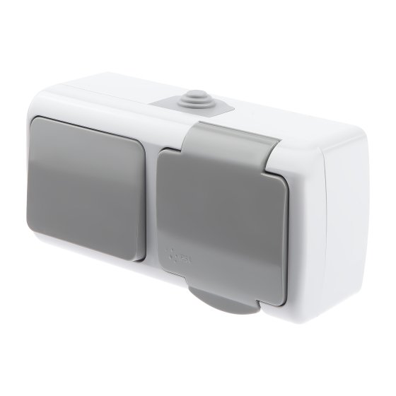 Фотография товара 'Эра Блок розетка с выключателем Intro Atlantic 5-701-03 одноклавишным 2P+E, 10(16)А-250В, открытой установки, IP54, серый Б0050947'