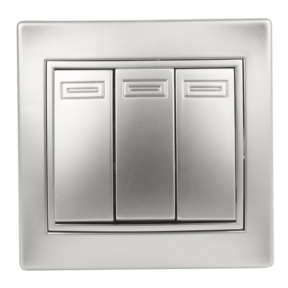 Фотография товара 'Эра Выключатель тройной, 10А-250В, IP20, СУ, Plano, алюминий (10/200/2400) Б0030050'